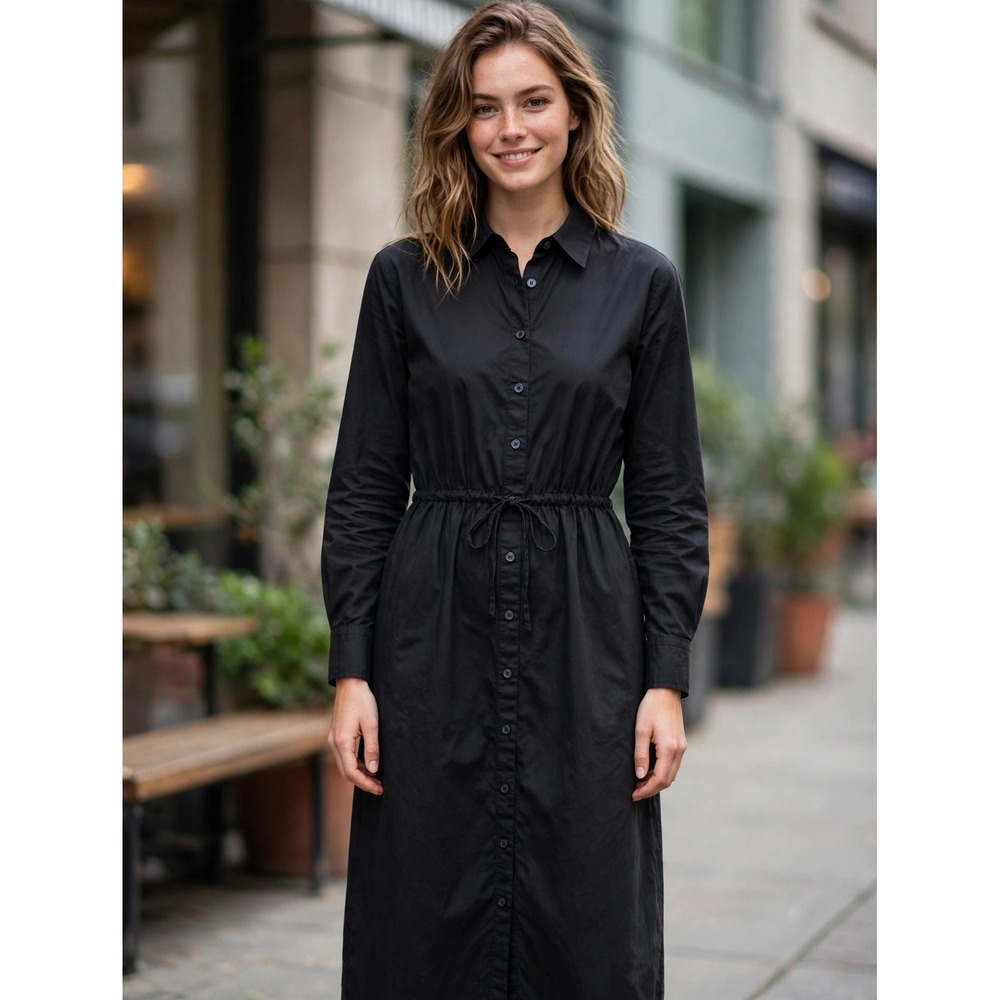 Everlane Supima Cotton Long Sleeve Midi Shirt Dress Black XXS Drawstring Waist